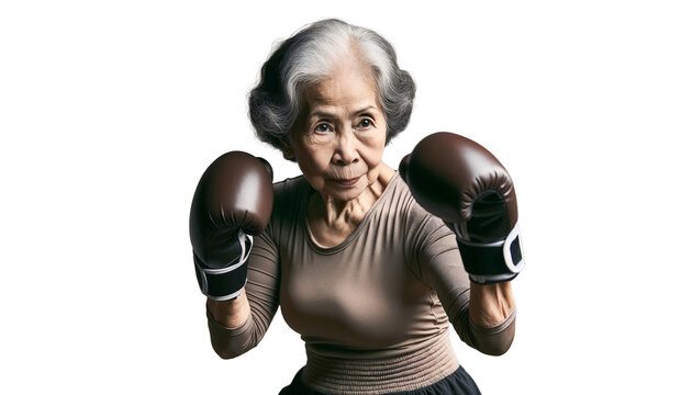 Elderly Asian woman with boxing gloves poised and ready, exuding strength and determination. Transparent background.