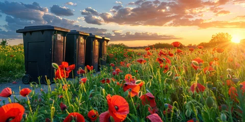 Foto op Aluminium An illustration of a beautiful nature with a field of poppies and a wonderful sunset and a way and strategy to preserve such beauty © Zoran