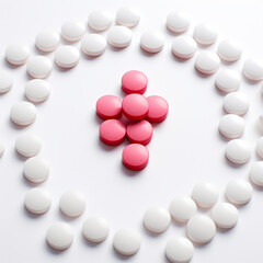 Pink and white pills on white background. Top view with copy space