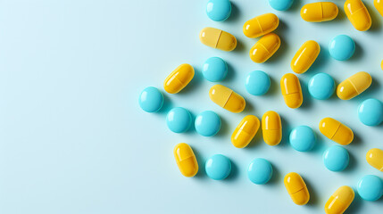 Yellow and blue pills on blue background. Top view with copy space