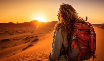 Fototapeta na wymiar Sahara Serenity: A Happy Tourist Woman, Back Turned, Revels in the Mesmerizing Sunset During a Desert Safari, Silhouetted Against the Vast Sand Dunes and Colorful Horizon