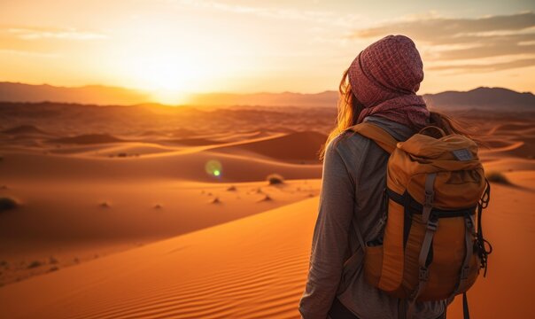 Sahara Serenity: A Happy Tourist Woman, Back Turned, Revels in the Mesmerizing Sunset During a Desert Safari, Silhouetted Against the Vast Sand Dunes and Colorful Horizon