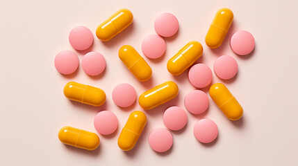 Yellow and pink pills on white background. Top view with copy space	