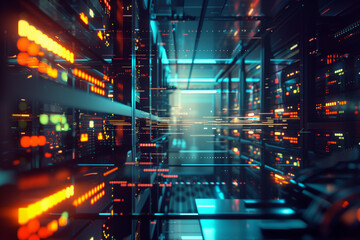 The futuristic aesthetic of the server racks illuminated in a dark room, with visual effects emphasizing the concept of digitalization and the flow of data, showcasing the complexity of modern technol