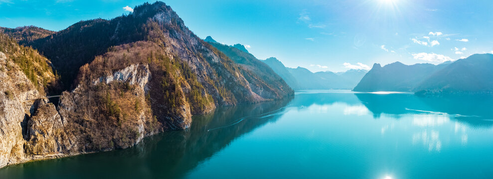 Lake Traunsee, Salzkammergut, Austria, on a sunny day in springtime
