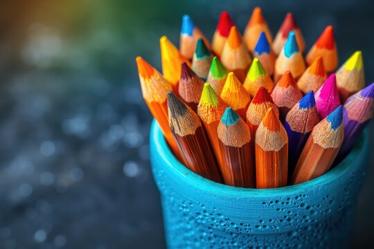 a colorful pencil in the blue cup on a table, in the style of dark turquoise and light orange, vibrant spectrum colors, close up, light crimson and yellow, bright luster, chromatic joy