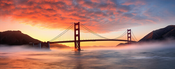 Obraz premium Like Golden Gate Bridge and Bay area in California, mist underneath bridge.banner