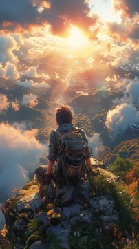 a photograph of an artist painting a portrait of a mountain hiker in the sunrise in the style of pixel art red and amber high contrast realism himalayan art 32k uhd graphic illustrations32k