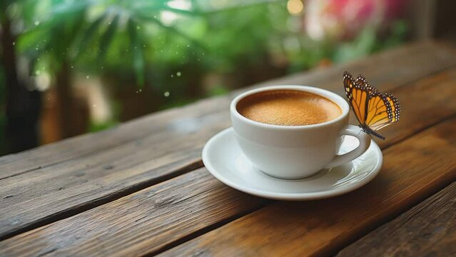 Cup of coffee on table with butterfly.seamless looping time-lapse animation video background