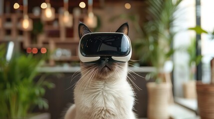 Golden Siamese Cat in minimalistic cafe wears apple vision pro headset in the metaverse learnig about a brands sustainability strategy - obrazy, fototapety, plakaty