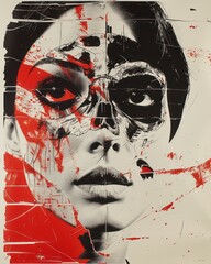 horror poster of woman with an open face with a skull in the style of distorted fractured depictions red and black 1970present criterion collection ultrafine detail comic art paper cut outs
