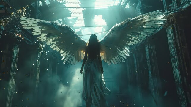 Hyper real photo floating in the air Epic battle between picturesque female angel with huge white wings and angel like demons with black wings in an underground hellscape city