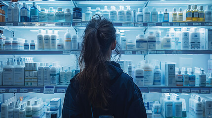 a woman is looking at shelves in a pharmacy