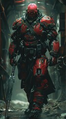 Fototapeta premium red skinned ogre cyborgs inside a futra lair red colors high resolution ultra detailed hyper realistic