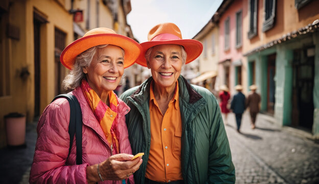 Two elderly tourists, dressed in bright colors and wide-brimmed hats, stop on a cobbled street for a souvenir photo, their eyes shining with excitement.