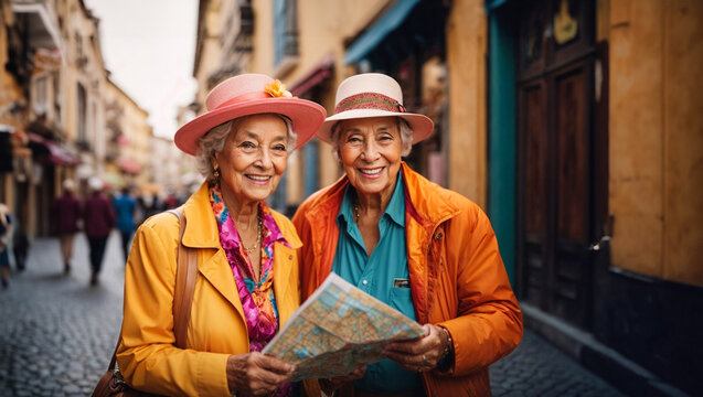 Two elderly tourists, dressed in bright colors and wide-brimmed hats, stop on a cobbled street to consult a map of the city, their eyes shining with excitement.