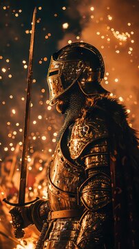 side photo of a male knight metal helmet battleground in the background fire Spark