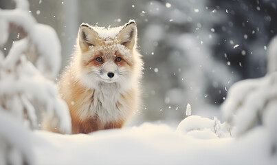 Red fox in the winter forest on the snow. Predatory winter ginger vulpes with winter fur on a snowy meadow. Photo of winter wildlife animals and nature. Banner for card, poster, print with copy space.