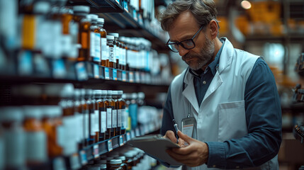 A pharmacist wearing glasses is checking a clipboard in a retail pharmacy - obrazy, fototapety, plakaty