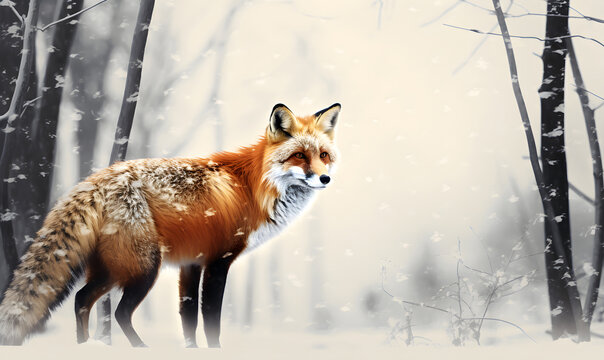 Red fox in the winter forest on the snow. Predatory ginger vulpes with winter fur on a snowy meadow. Photo of winter wildlife animals and nature. Banner for card, poster, print with copy space.
