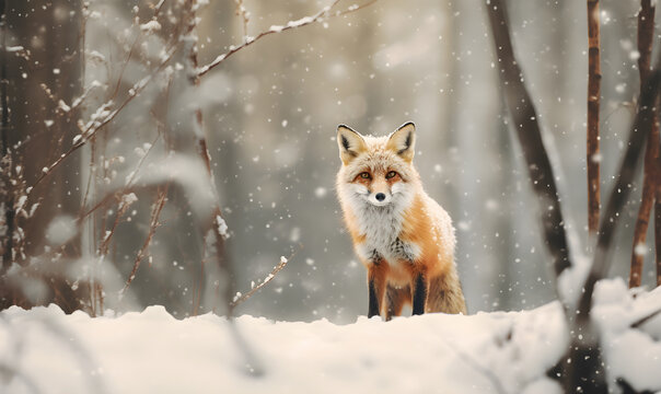 Red fox in the winter forest on the snow. Predatory ginger vulpes with winter fur on a snowy meadow. Photo of winter wildlife animals and nature. Banner for card, poster, print with copy space.