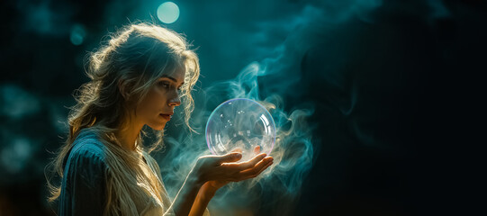 jeune et belle voyante en train de regarder dans une boule de cristal qu'elle tient entre ses mains - obrazy, fototapety, plakaty