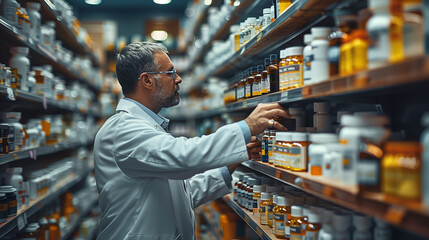 Pharmacist inspecting pill bottles on pharmacy shelves - obrazy, fototapety, plakaty