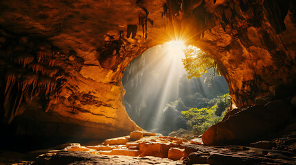 CInematic view of Empty easter christian tomb, easter empty tomb with sunrays coming in as a symbol of 