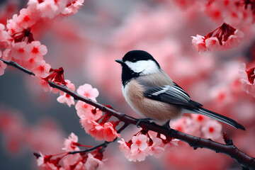 Obraz premium Titmouse sitting on branch of cherry blossom. Blooming sakura with pink flowers in spring season. Hanami festive banner concept. Spring wildlife birds concept. Beautiful Japan nature background.