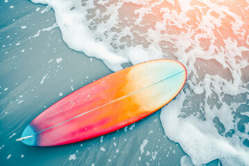 Surfboard in contrast on the beach, with vibrant colors 