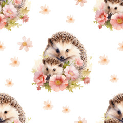 Fototapeta na wymiar Watercolor mother and baby hedgehog seamless pattern - woodland animals with flowers for fabric, wallpaper, decoration, templates