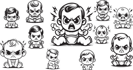 set of cute angry baby, black and white angry character vector set, 