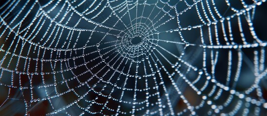 Fototapeta premium Macro shot of spider web covered in sparkling water droplets on a rainy day