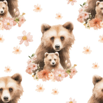 Watercolor mother and baby bear seamless pattern - woodland animals with flowers for fabric, wallpaper, decoration, templates