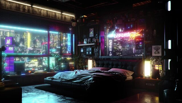 The room is filled with colorful lights that complement the vibrant urban scene outside. Seamless loop animation render
