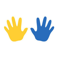 Kids handprints in blue and yellow colors. World Down Syndrome Day. Vector illustration isolated on white background.