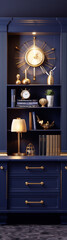 Blue and gold luxury home office library with books, clock and golden decor.