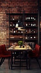 A dark and moody dining room with a brick wall, wooden table, and red chairs.