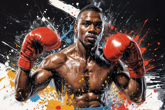 Boxer in action on a grunge background. Illustration of a boxer in action with colorful splash background. Portrait of an athletic male boxer with boxing gloves.