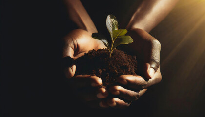 Earth Day concept. Hands holding young plant growing in soil.