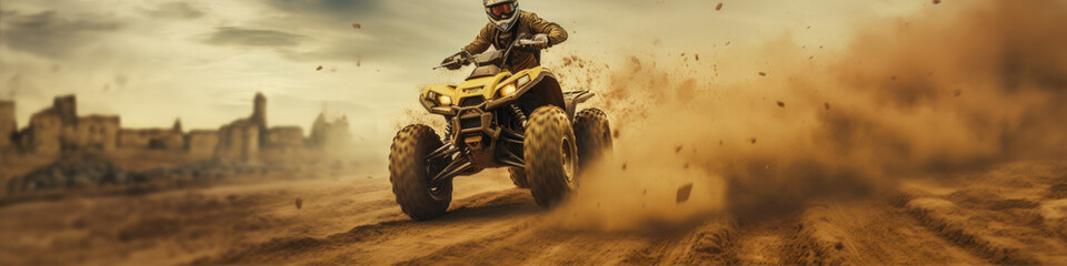Rider on quad bike in dust path. Desert rider in action.