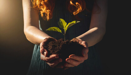 Earth Day concept. Girl holding young plant growing in soil.