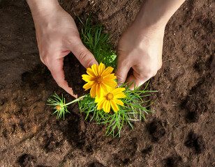 Hands planting Coreopsis flower plant in the garden. Spring gardening concept.