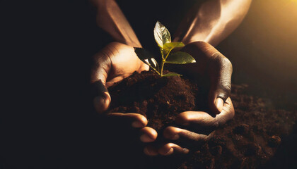 Earth Day, environment, ecology concept. Hands holding young plant growing in soil.