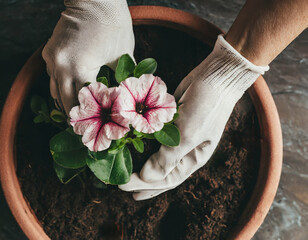 Planting petunia into flower pot. Spring gardening and planting concept.