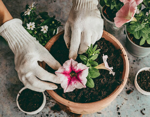 Planting petunia flower in the pot. Spring gardening and planting concept.