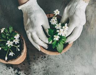 Top view of hands planting flower in the pot. Spring gardening and planting concept.