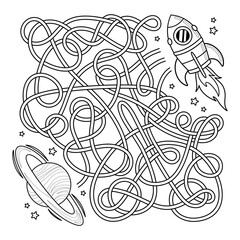 Space outline maze kids game. Kids contour Labyrinth puzzle for children. Help the cartoon spaceship fly to the planet Saturn. Worksheet for school education. Vector design perfect for coloring page.