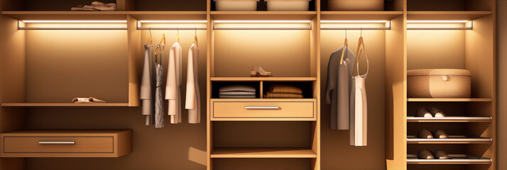 3D rendering of a modern wood and white closet with clothes and accessories