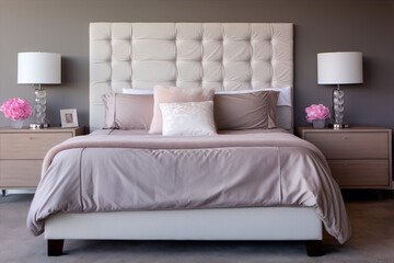 Comfy looking bed with pillows, nightstands and lamps in mauve and neutral colors.